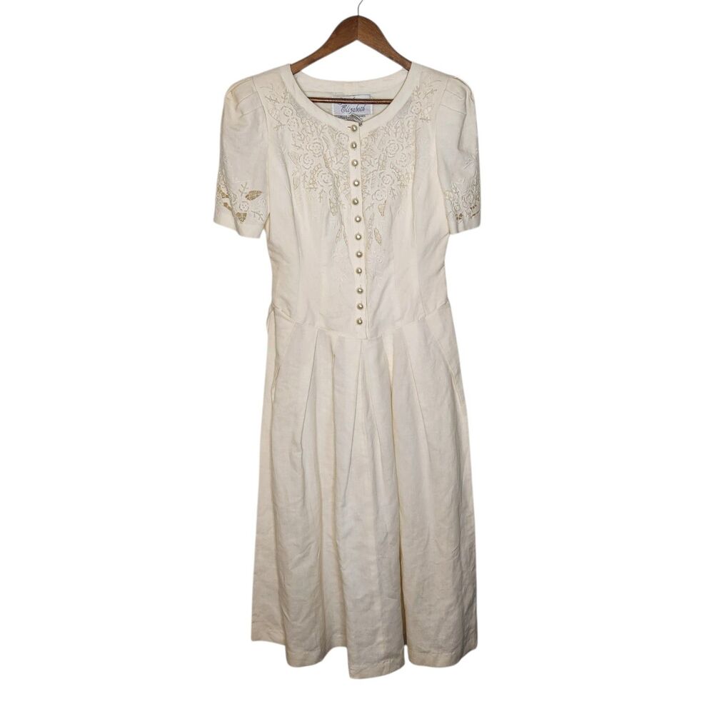 Vtg Beaded Embroidered Midi Dress Beige Linen Blend Sz 4 Garden Party